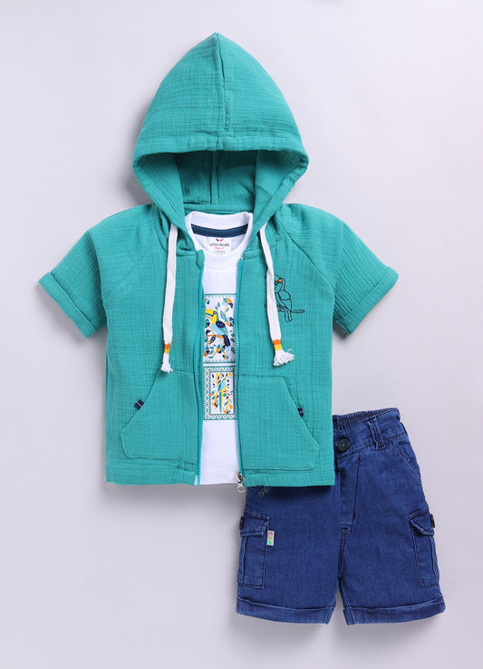 R.Green Pure Organic Cotton Hooded Half Sleeves Shirt Denim Shorts Tshirt Set