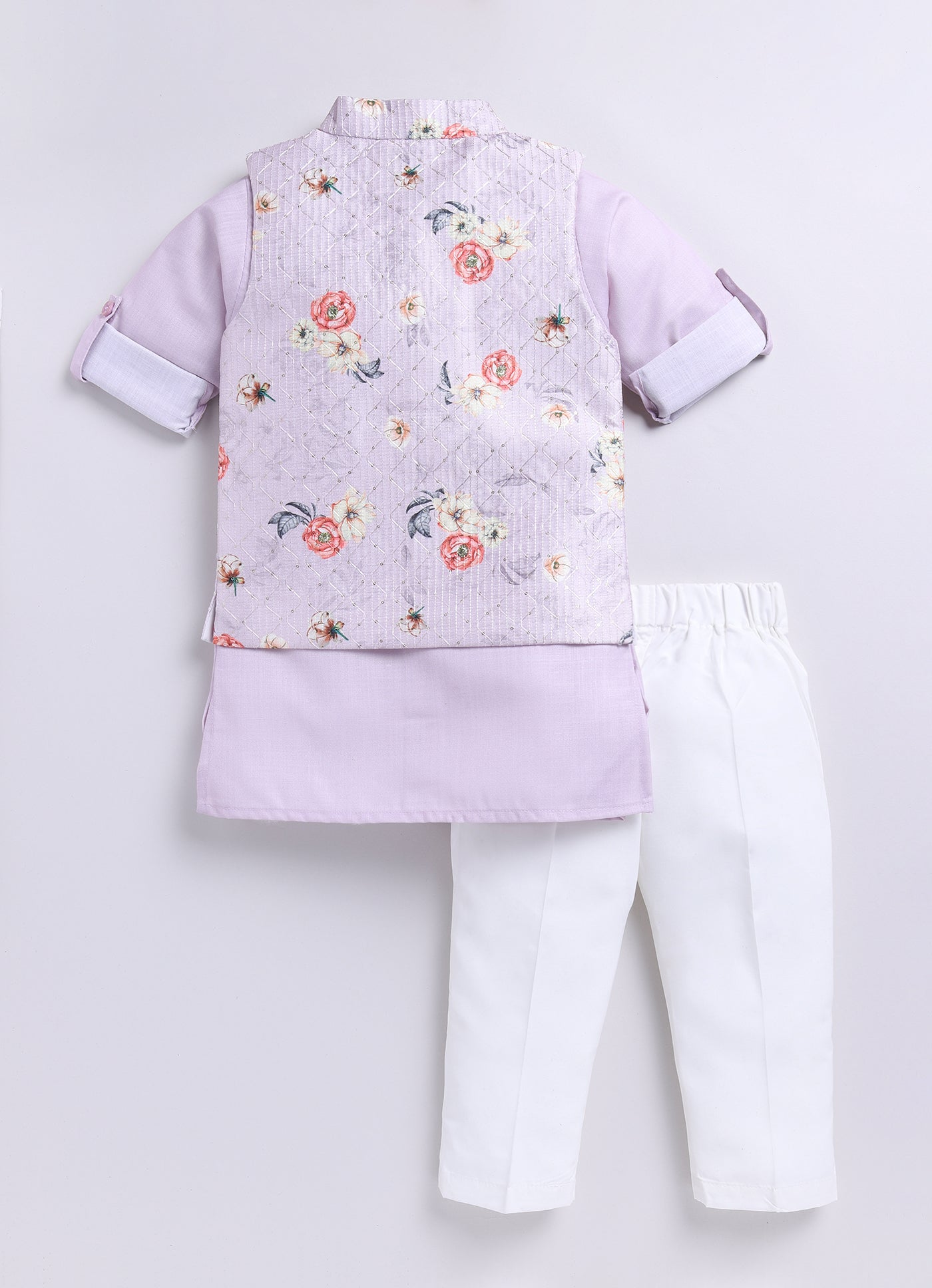 Boys Floral Embroidered Jacket Kurta Set-Lavender