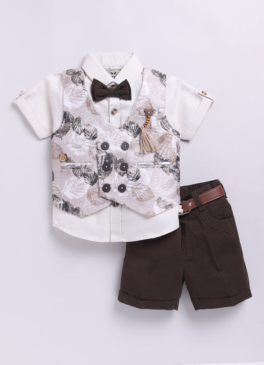 Coffee Digital Printed Waistcoat Shirt Pant set with Bow