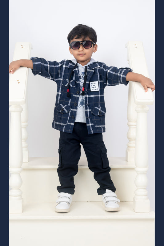 Navy Blue Cotton Checkered Casual Overshirt and Cargo Pants Set for Boys