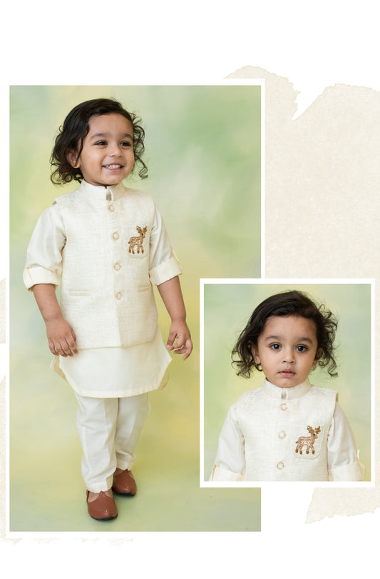 Boys Reindeer Ethnic Jacket Kurta Pajama Set-Cream