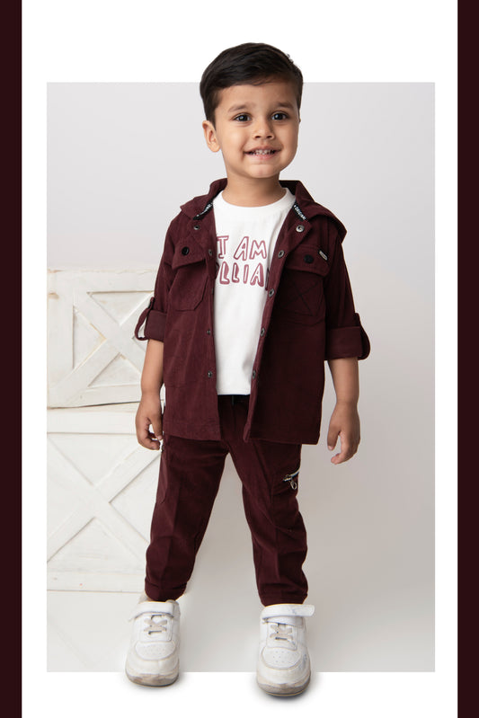 Maroon Super Smart Striped Codruouy All Over Laser Printed Full Sleeves Hoodie Shacket Pant Coordinate Set with Tshirt