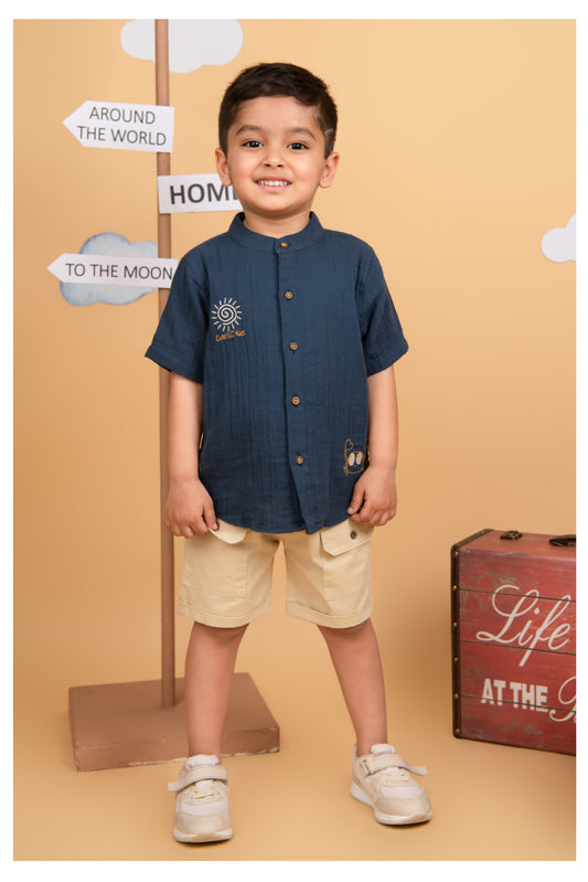 Blue Casual Pure Organic Muslin Cotton Half Sleeves Shirt Half Pant Set