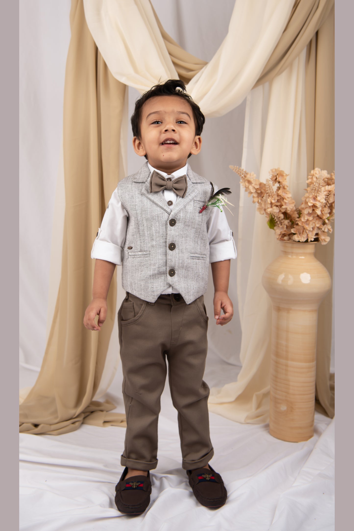 Beige Adorable Woven Waistcoat Full Sleeves Shirt Pants Set with Bow