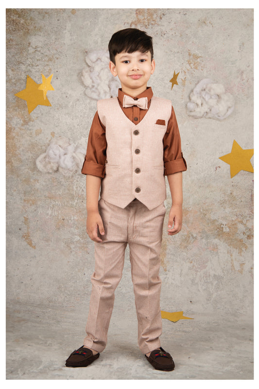 RUST Cotton Elegant Formal Full Sleeves 4 piece Waistcoat Coord Set