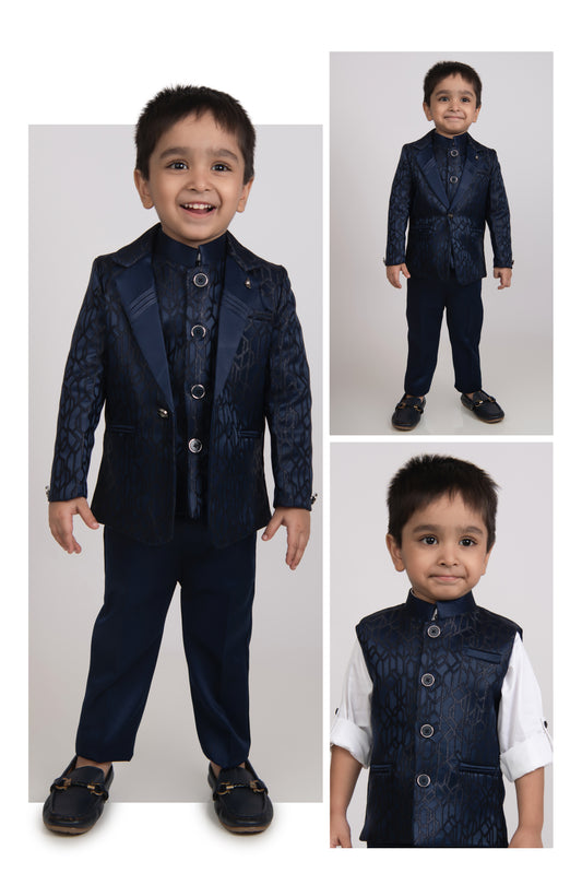 Navy Elegant Partywear Floral Jacquard IndoWestern Coat Nehru Jacket Full Sleeves Shirt Trouser Set for Boys