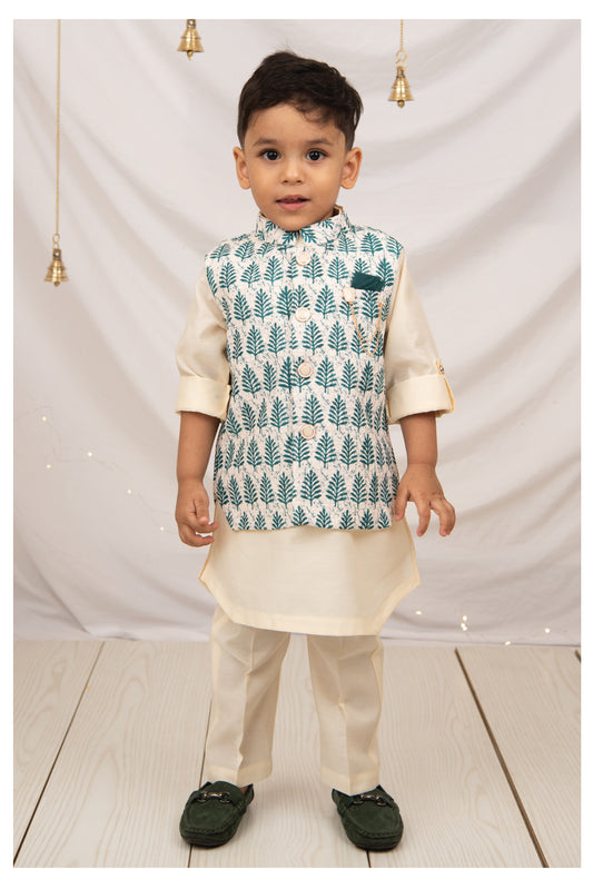 Green Art Silk Blend Soft Festive Motif Printed and Embroidered Ethnic Nehru Jacket Full Sleeves Kurta Pajama Set with Brooch