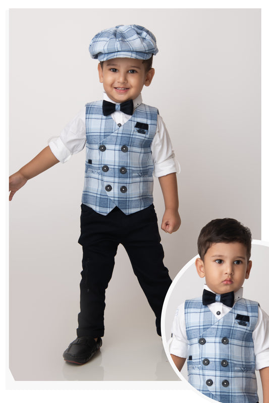 Blue Full Sleeves Solid Shirt Pant With Cotton Checkered Waistcoat Cap & Bow Set