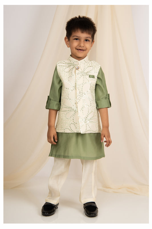 Green Silk Blend Soft Festive Sequins and Thread  Embroidered Nehru Jacket Bright Full Sleeves Kurta Pajama Ethnic Set