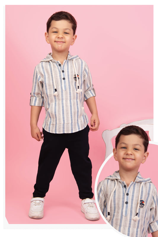 Casual and Stylish Full Sleeves Cotton Striped Hoodie Shirt with Pants with Belt- NAVY