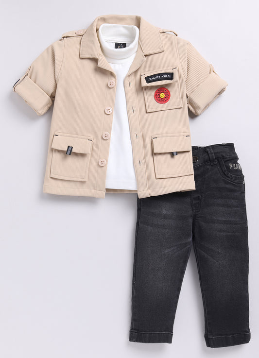 Beige Casual and Stylish Full Sleeves Jacket with Denim Pants and Sleeveless Tshirt