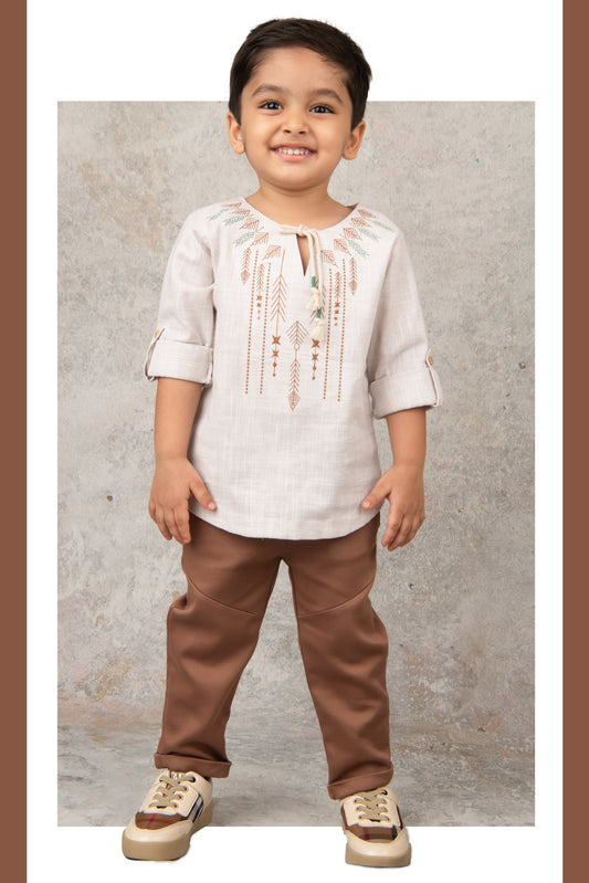 Fawn Smart Cotton Neckine Embroidered Kurta Shirt Pant Set