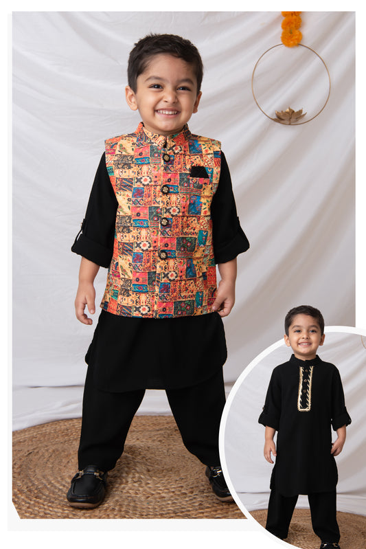 Black Folk Embellished Ethnic Kurta Jacket Set for Boys