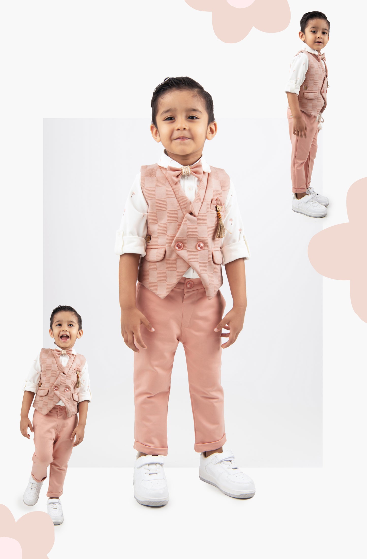 Peach Adorable Jacquard Waistcoat Full Sleeves Shirt Pants Bow Set for Boys