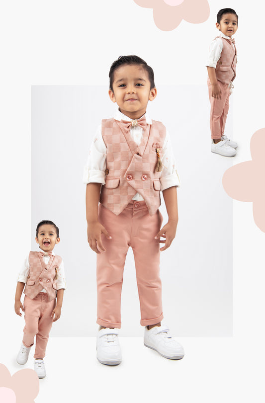 Peach Adorable Jacquard Waistcoat Full Sleeves Shirt Pants Bow Set for Boys