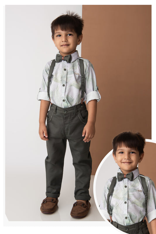 Green Smart Crushed Printed Shirt Pant Suspender Bow Set