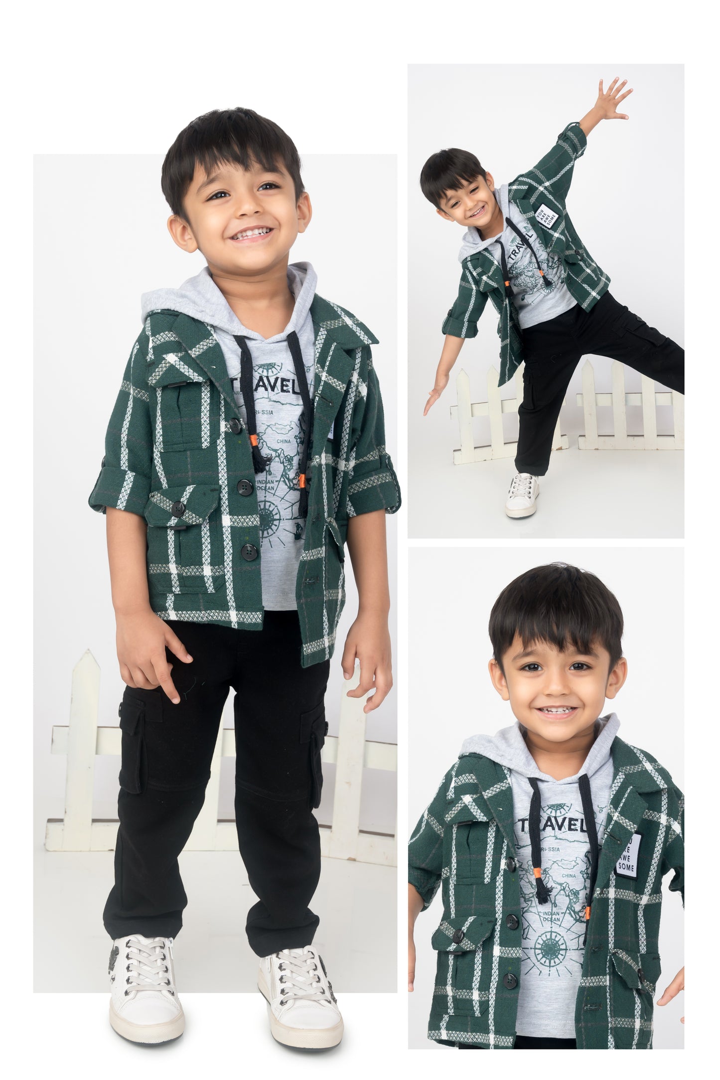Green Blue Cotton Checkered Casual Overshirt and Cargo Pants Set for Boys