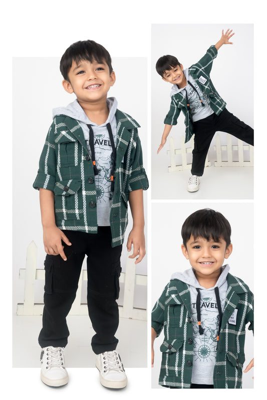 Green Blue Cotton Checkered Casual Overshirt and Cargo Pants Set for Boys