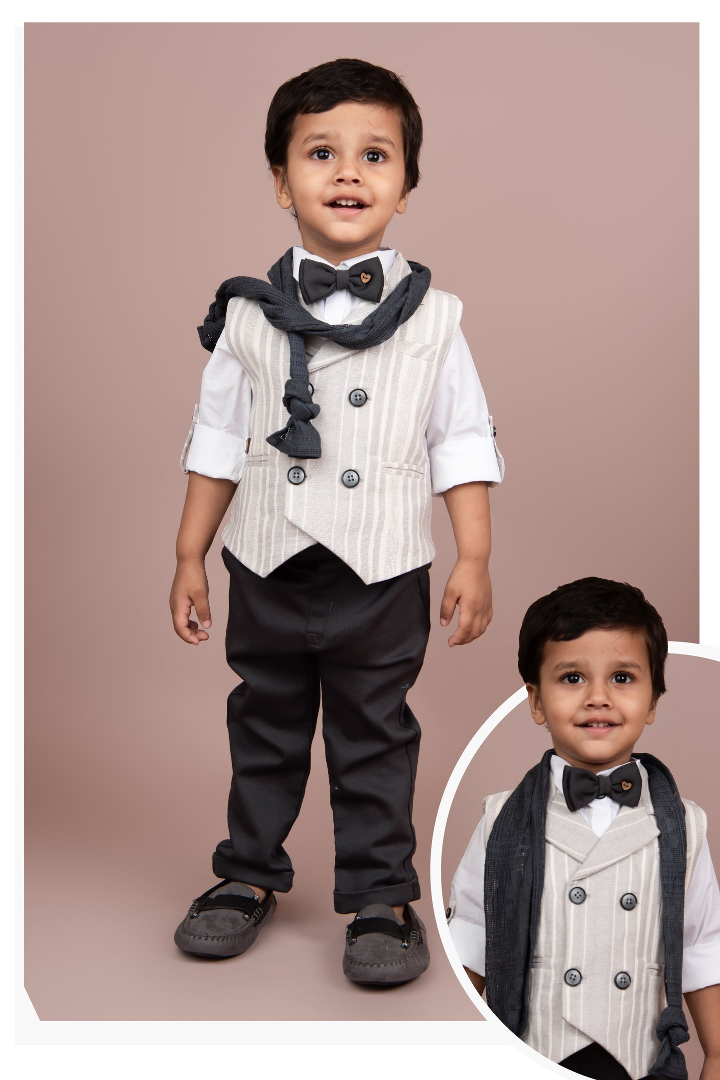 Grey Full Sleeves Charming and Trendy Linen Waistcoat Set with Stole and Bow