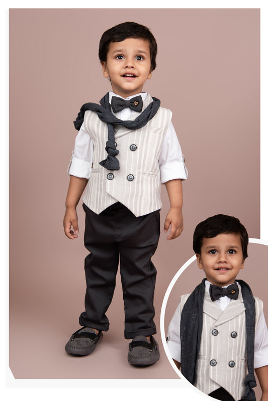 Grey Full Sleeves Charming and Trendy Linen Waistcoat Set with Stole and Bow