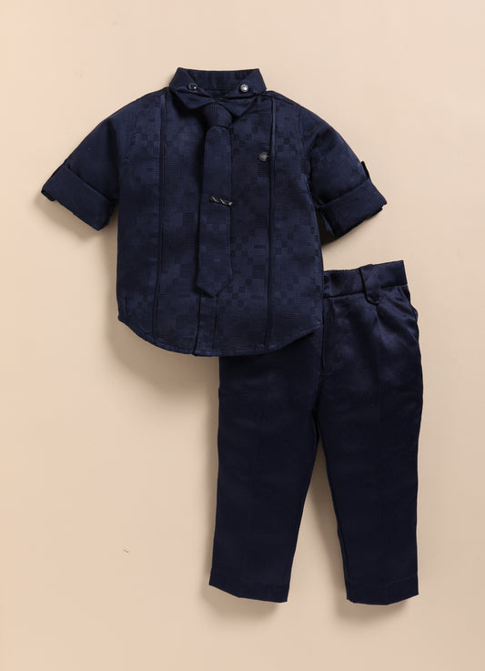 Blue Debonair Structured Formal Full Sleeves Shirt Pant Tie Set