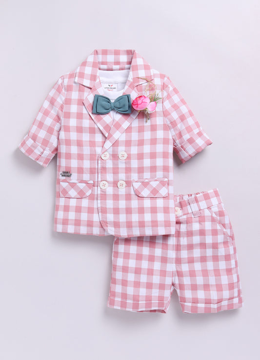 Pink Cotton Coat TShirt Pant Coord set with Bow