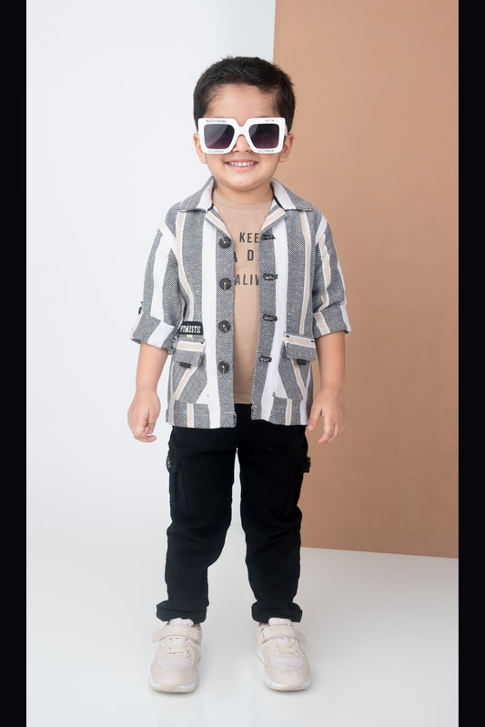 Black Recycled Cotton Striped Casual Full Sleeves Overshirt and Tshirt Pants Set