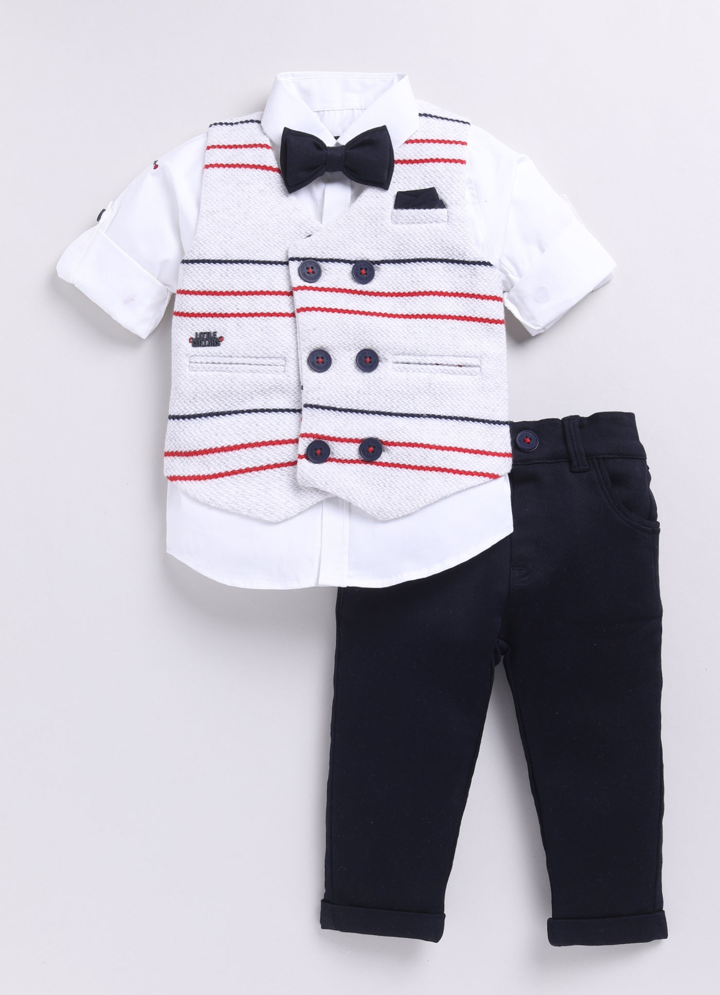 White Elegant Striped Jacquard Full Sleeves Partywear Set with Bow