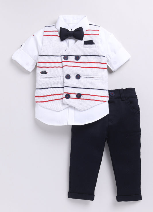 White Elegant Striped Jacquard Full Sleeves Partywear Set with Bow