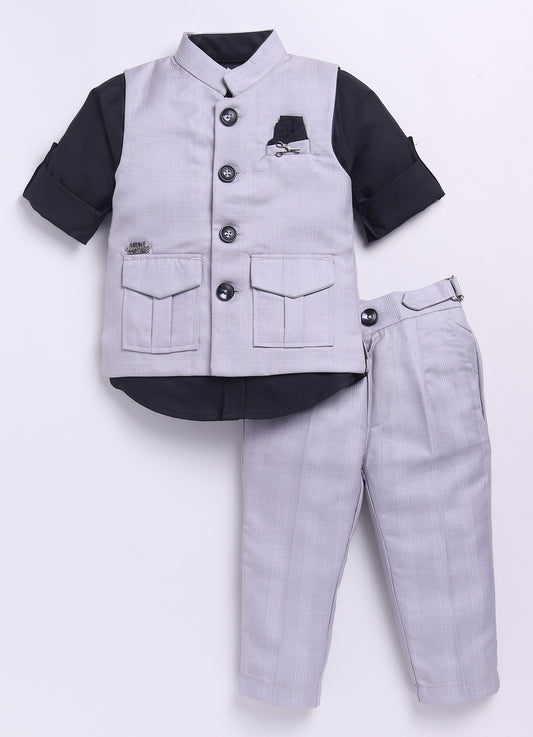 Grey Woven Self Checkered Nehru Jacket Pants Cotton Full Sleeves Shirt Coord Set