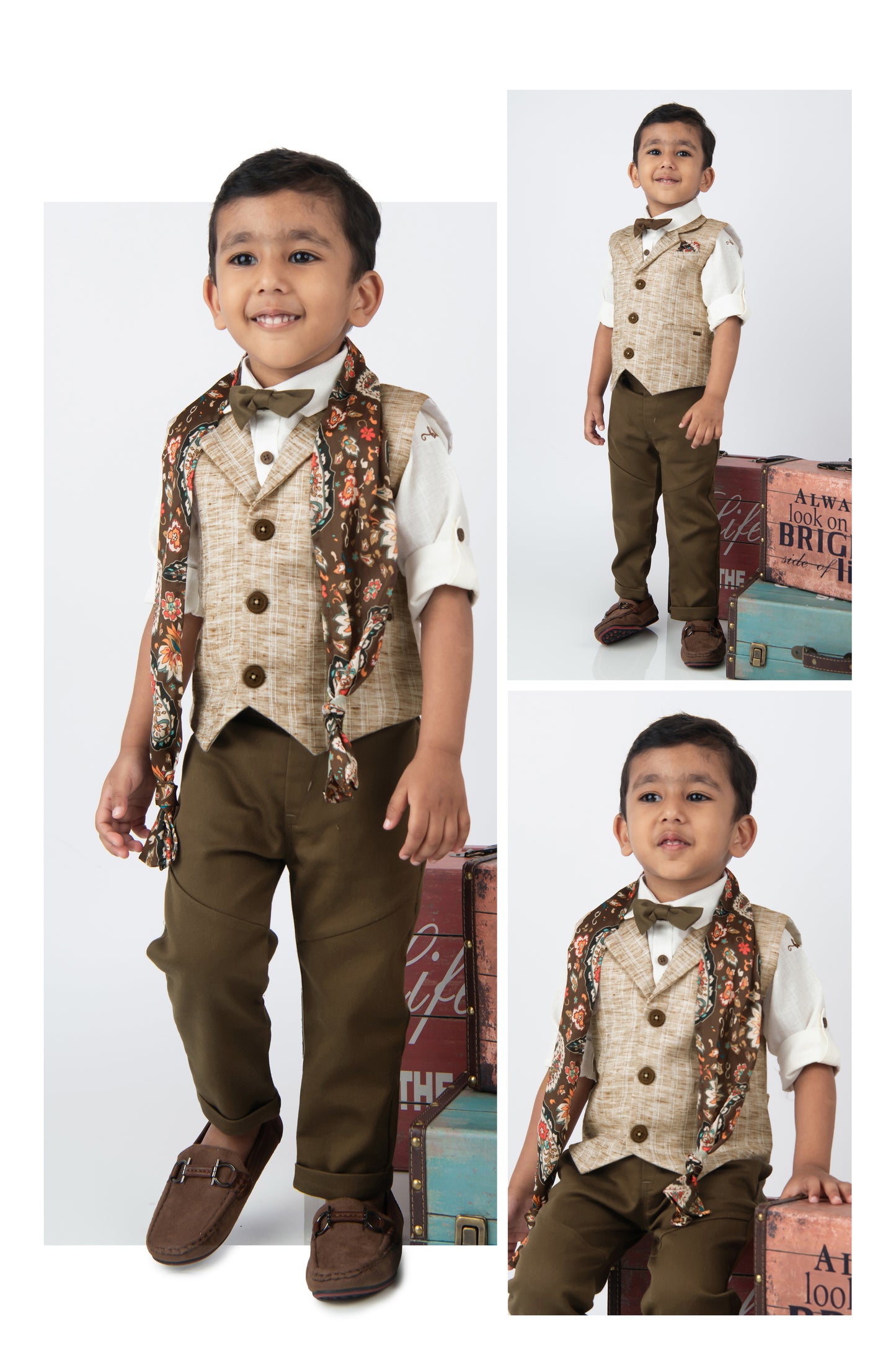 Coffee Boys Full Sleeves Charming and Trendy Linen Waistcoat Set with Stole and Bow