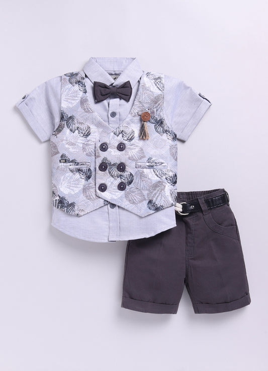 Grey Digital Printed Waistcoat Shirt Pant set with Bow