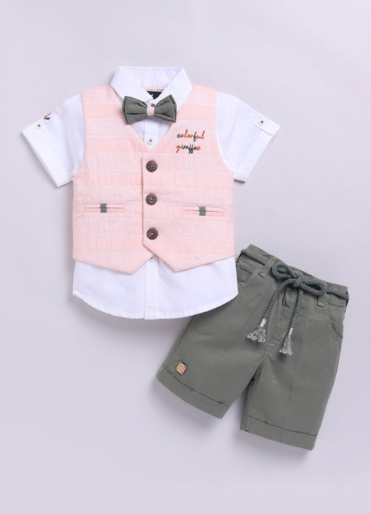 Peach Cotton Checkered Waistcoat Shirt Bright Pant set with Bow