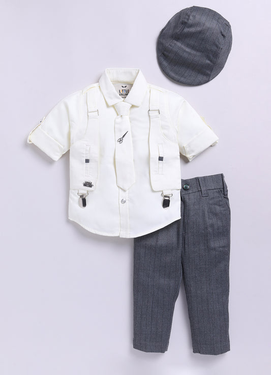 Grey Attached Suspender Striped Pants Shirt and Tie Formal Set