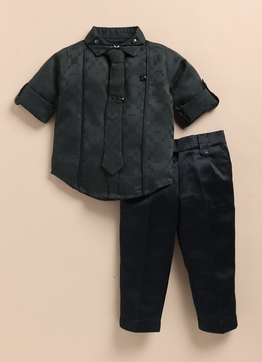 Olive Debonair Structured Formal Full Sleeves Shirt Pant Tie Set