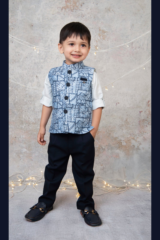 Formal Full Sleeves Shirt Pant and Festive Sleeveless Printed Embroidered Nehru Jacket Indo Western Set- N.Blue