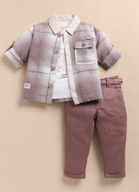 Trendy and Timeless Cotton Checkered Shacket 3 piece Casual Set for Boys- Lavender