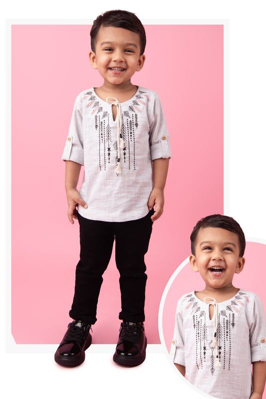 Grey Smart Cotton Neckine Embroidered Kurta Shirt Pant Set