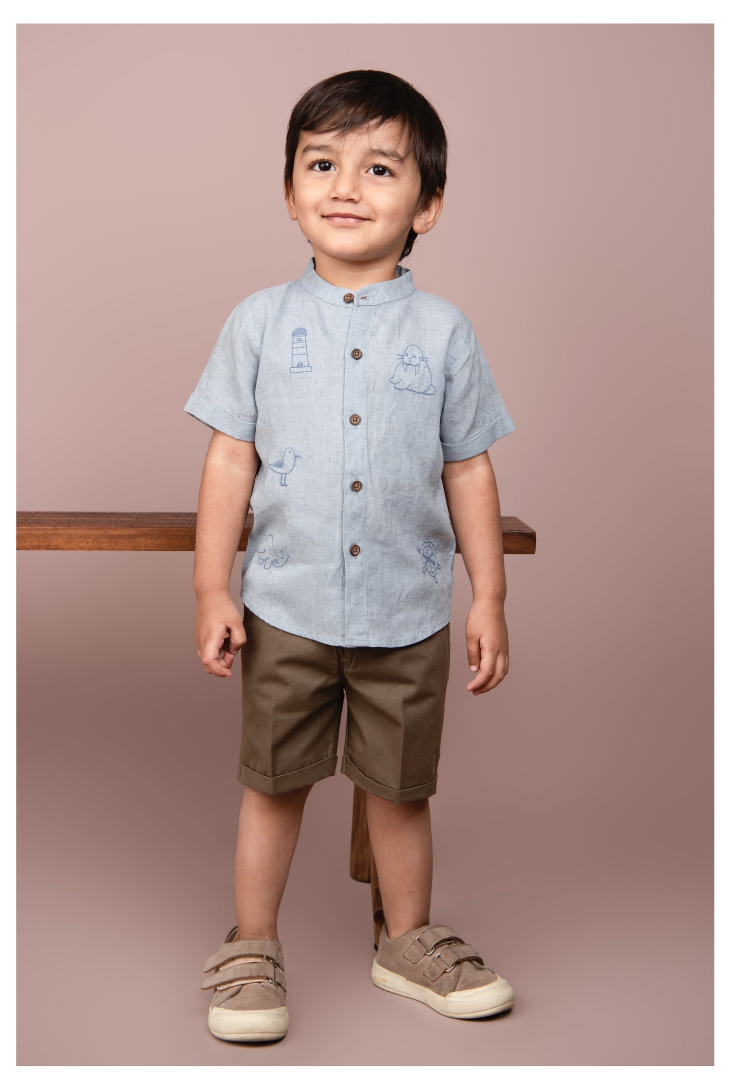 Sky Blue Casual Pure Organic Cotton Embroidered Half Sleeves Shirt Half Pant Set