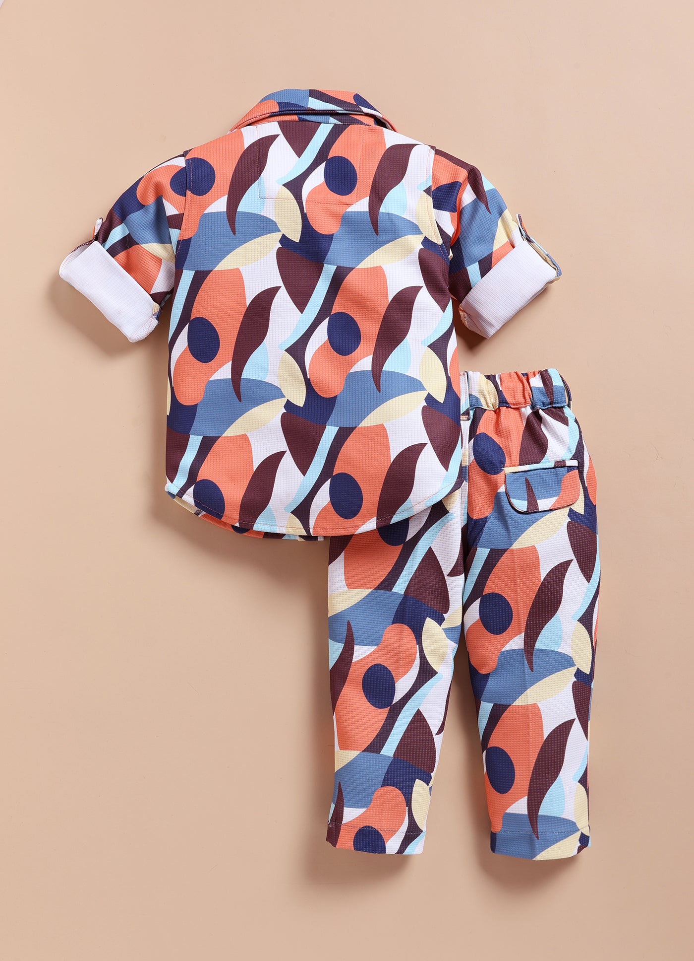 Boys Abstract Printed Bright Airport Look Coord with Tshirt Casual Set- Peach