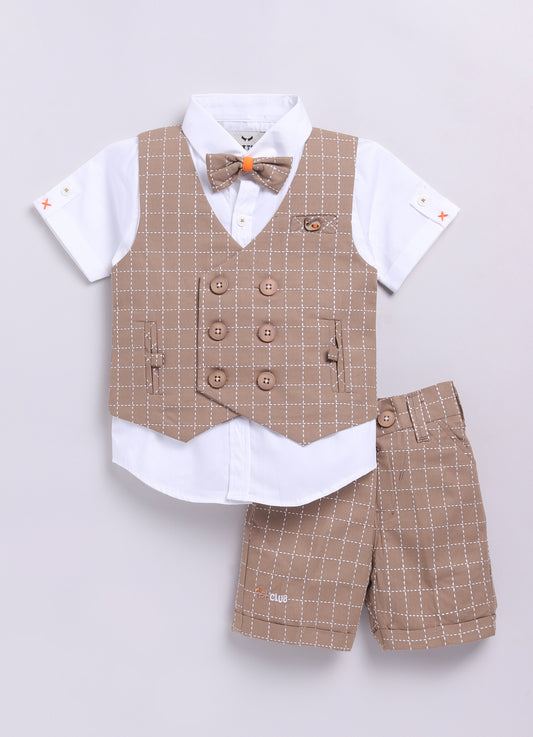 Khaki Cotton Checkered Waistcoat Shirt Pant Coord set with Bow