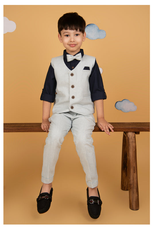 Blue Cotton Elegant Formal Full Sleeves 4 piece Waistcoat Coord Set