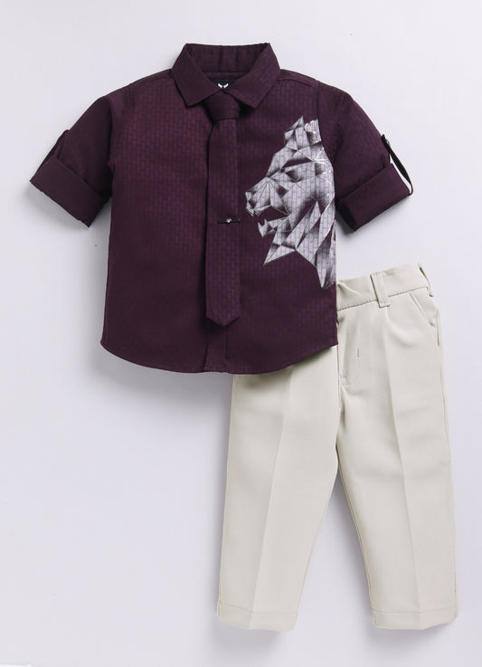 Wine Formal Animal Printed Full Sleeves Shirt Pant Tie Set