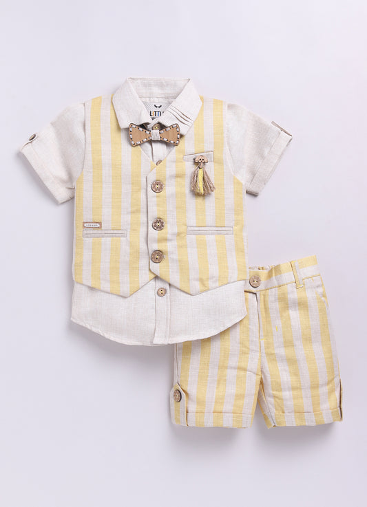 Yellow Striped Bright Waistcoat Shirt Pant Coord set with Bow