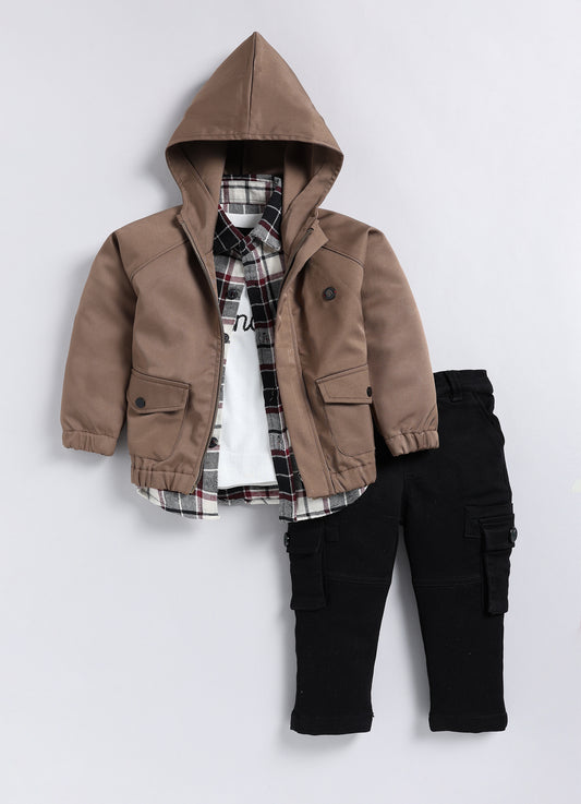 Khaki Fashionable and Trendy Hooded Jacket, Shirt, Tshirt, Cargo Pants Casual set