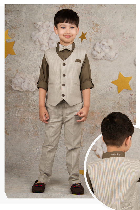 Khaki Cotton Elegant Formal Full Sleeves 4 piece Waistcoat Coord Set