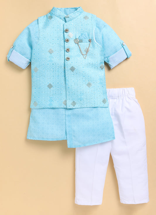 Sea Green Boys Festive Embroidered and Sequined Pastel Ethnic Nehru Jacket Full Sleeves Kurta Pajama Set