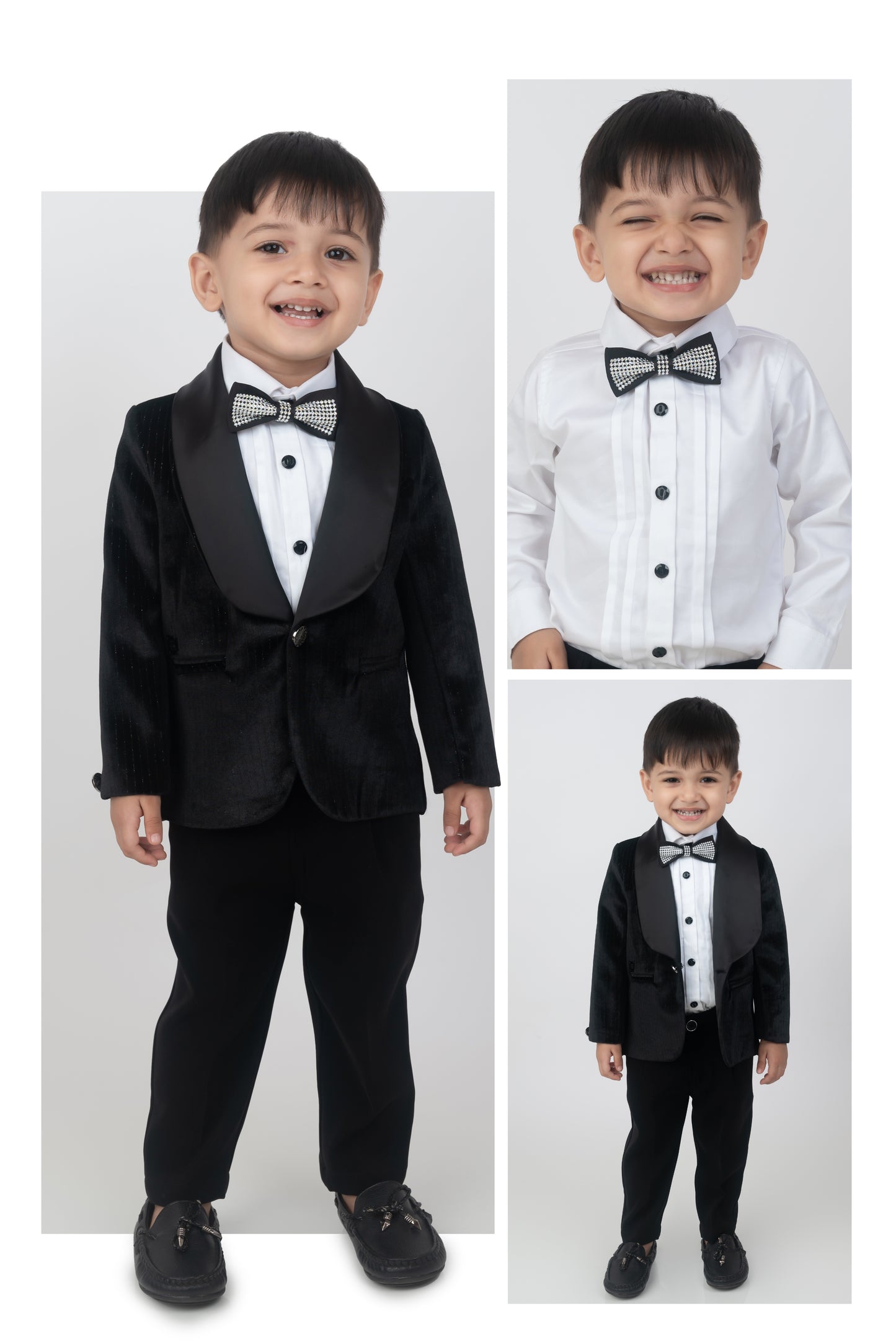 Shiny Velvet Striped Coat Tuxedo Pant Formal Shirt Suit Set with Smart Bow - Black