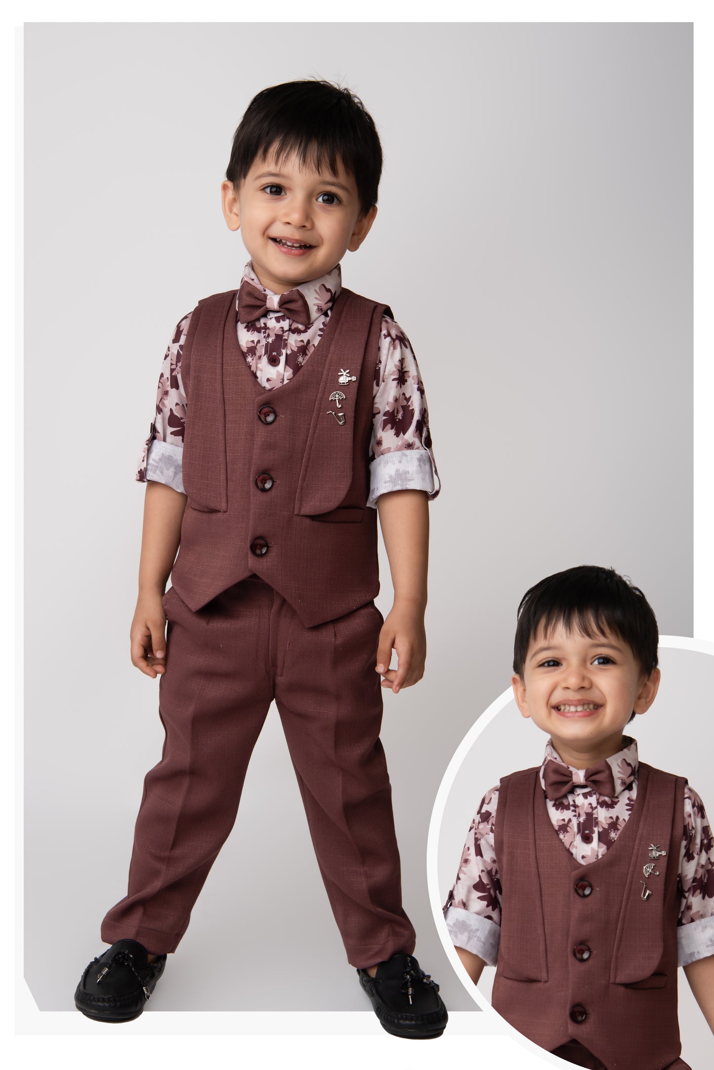 Wine Formal Partywear Waistcoat Printed Full Sleeves Shirt Pant Coord Set with Bow and Brooches