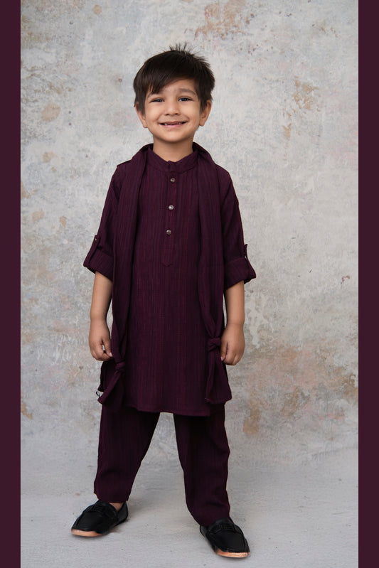 Wine Festive Pathani Kurta with Patiala Pants and Dupatta